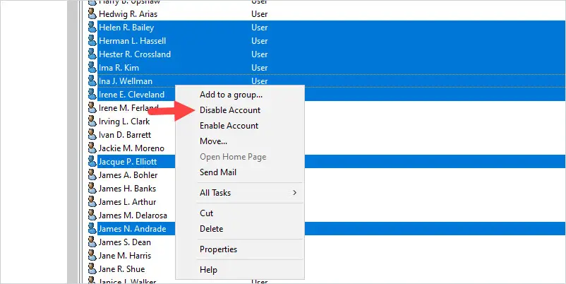 Multiple accounts selected in ADUC and disabled together from the right click menu