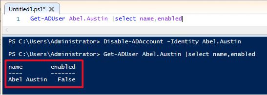Get-ADUser confirming the account's enabled status is now False