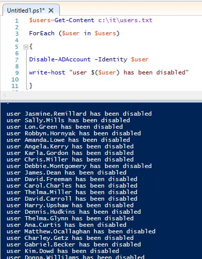 Script output confirming each user from the text file was disabled