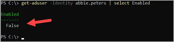 Get-ADUser output showing Enabled set to False for the disabled account