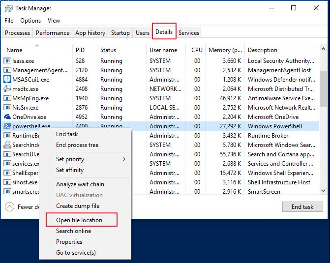 Task Manager details tab with powershell.exe right clicked and Open file location selected