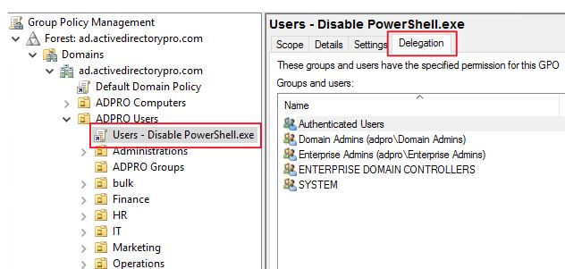 Delegation tab of the GPO with the Advanced button