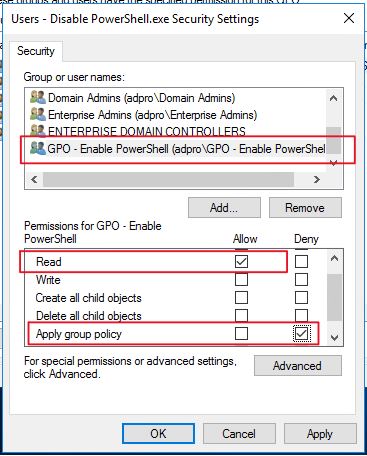 Security settings with the group set to Allow read and Deny apply group policy