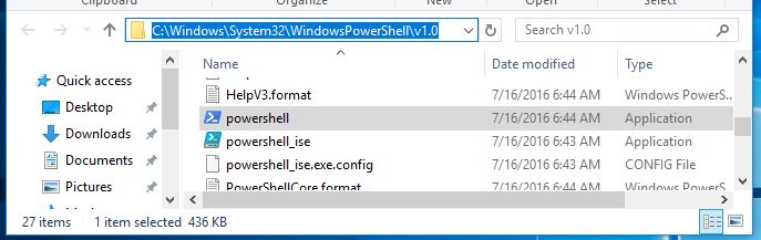 Windows Explorer open to the WindowsPowerShell v1.0 folder containing powershell.exe