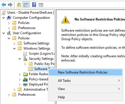 Software Restriction Policies right clicked with New Software Restriction Policies selected
