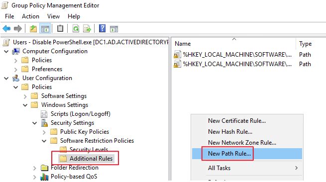 Additional Rules right clicked with New Path Rule selected