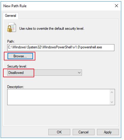 New path rule pointing at powershell.exe with the security level set to Disallowed