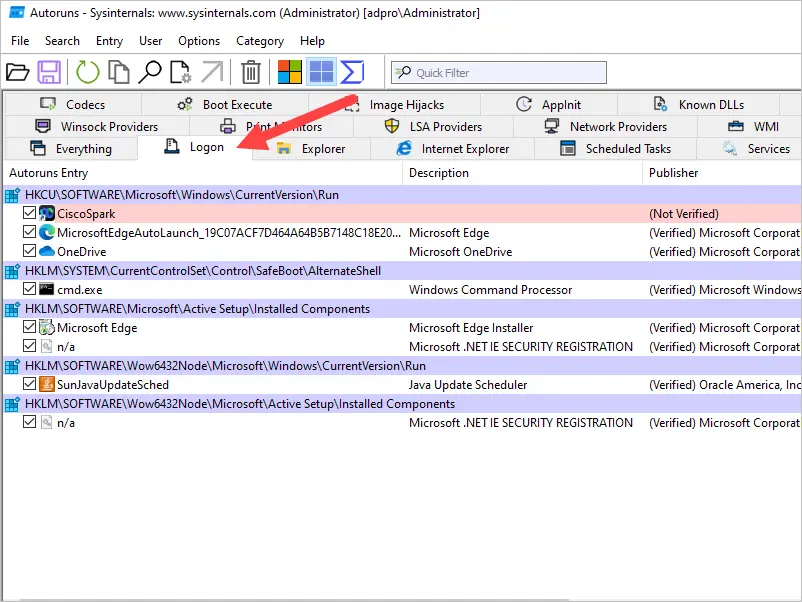 autoruns logon registry keys