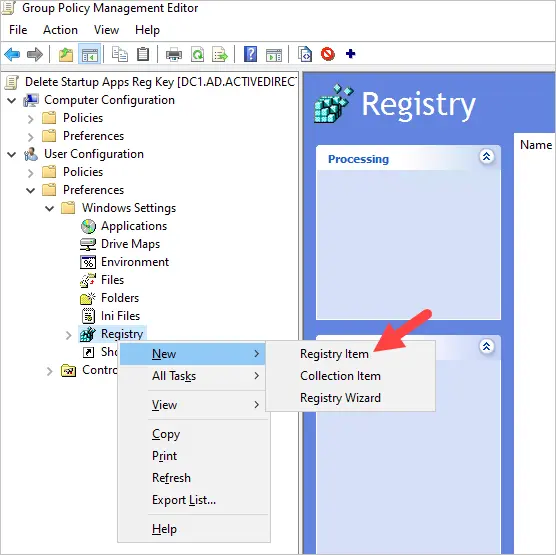 Registry preference right clicked with New and Registry Item selected