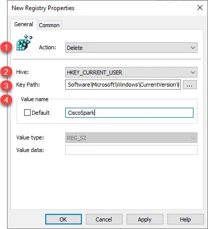Registry item set to Delete with the hive, key path, and value name for Webex