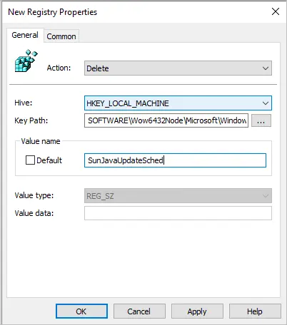 Second registry item set to delete the Java Update Scheduler key