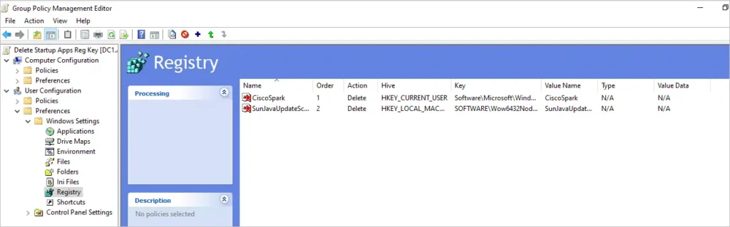 GPO listing both registry items with their delete actions