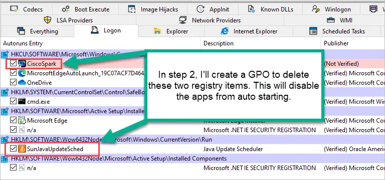 Autoruns entries showing the registry path and value name for two startup programs