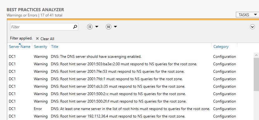 Best Practices Analyzer results for the DNS role listed in Server Manager after the scan completes