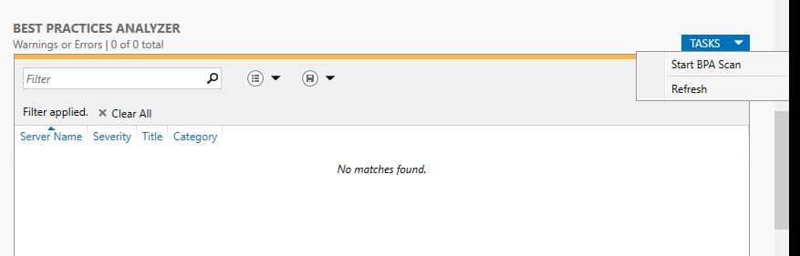 Best Practices Analyzer section of Server Manager with Start BPA Scan selected from the Tasks menu
