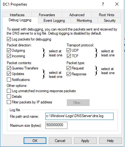 Debug Logging tab of the DNS server properties, with the log file path and maximum size settings