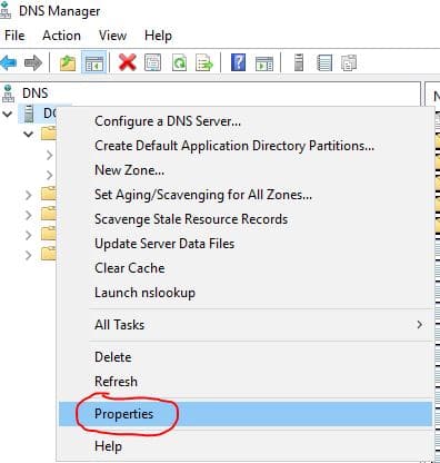 DNS console with the DNS server right clicked and Properties selected from the context menu