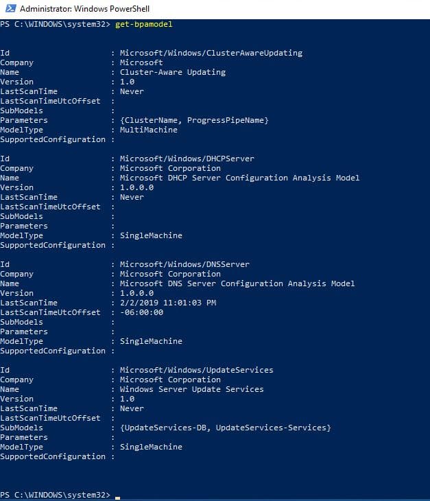 PowerShell output from Get-BpaModel listing the installed BPA model IDs, including Microsoft/Windows/DNSServer