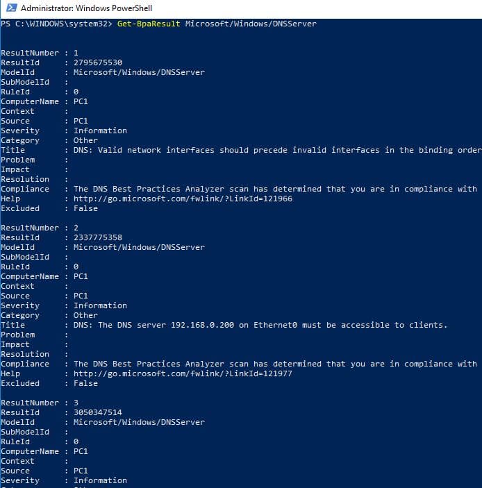 PowerShell output from Get-BpaResult showing the DNS best practice scan results