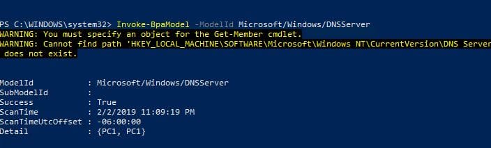 PowerShell running Invoke-BpaModel for the DNS server model and returning some expected errors