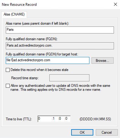 New Resource Record dialog with the alias name set to Paris and the target host set to file1