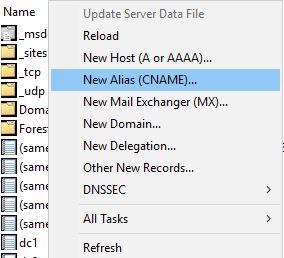 Right click menu in the DNS zone with New Alias (CNAME) selected