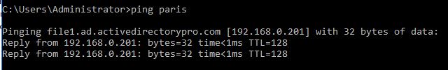 Command prompt showing a ping to Paris resolving through the CNAME to file1