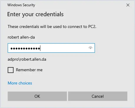 enter credentials to connect to remote computer