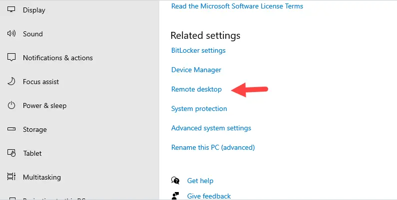 Under related settings click on Remote desktop.