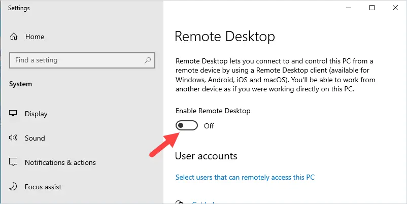 Click the slider button to enable remote desktop