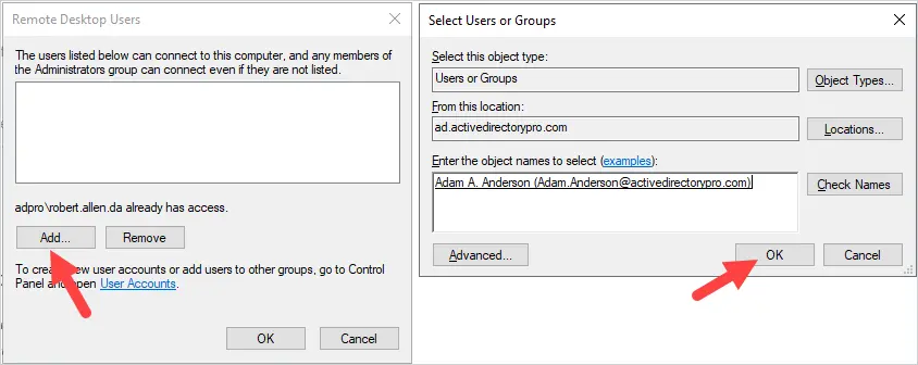example of adding a user for remote desktop access