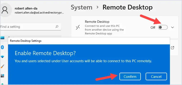 Click the slider to enable remote desktop
