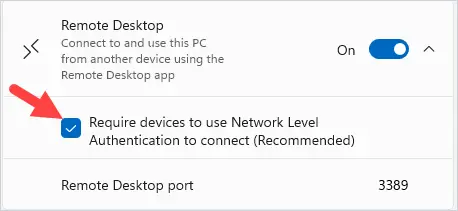 select the box to enable Require devices to use Network Level Authentication to connect