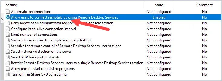 enable the gpo policy Allow users to connect remotely by using Remote Desktop Services