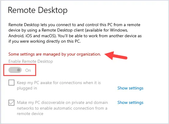 example screenshot of rdp settings disable from gpo