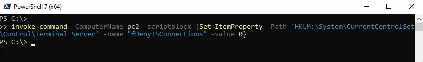 command screenshot of enabling rdp with powershell