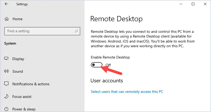Click the slider button to enable remote desktop on windows server