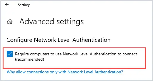 require network level authentication on windows server