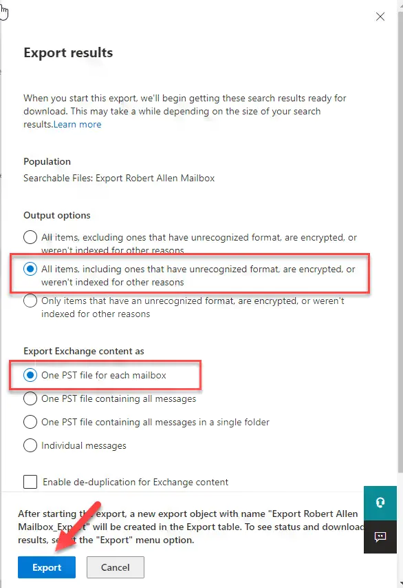 Export options set to all items and one PST file for each mailbox