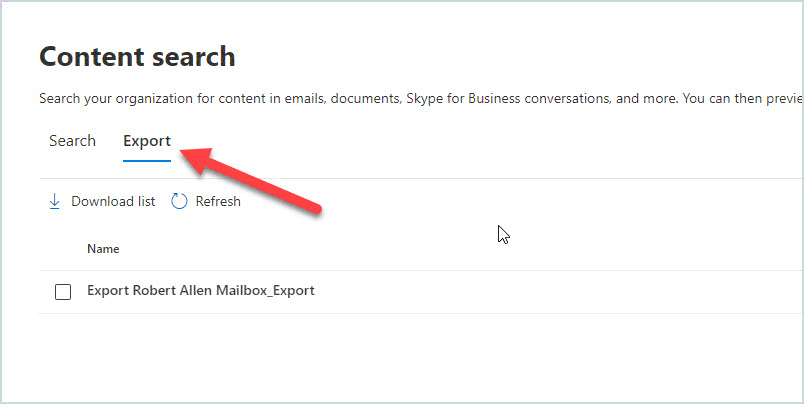 Export tab in content search listing the export job