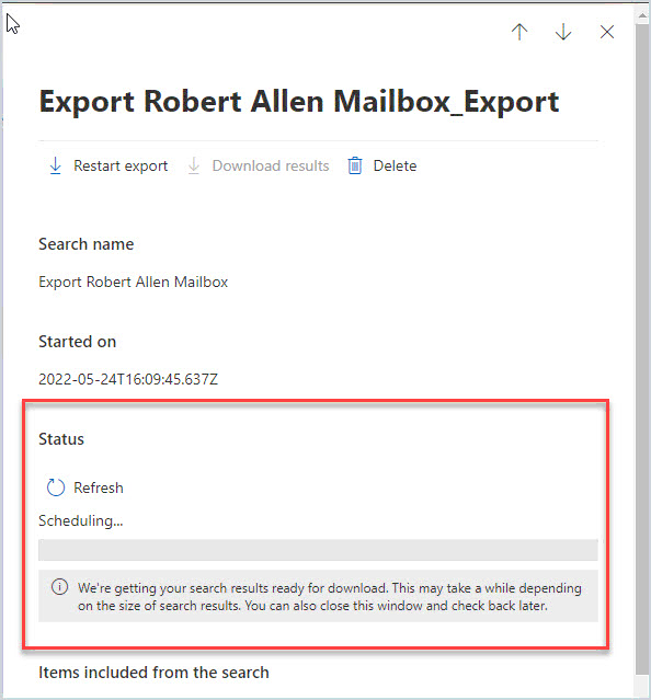 Export status page with a refresh option while the export runs