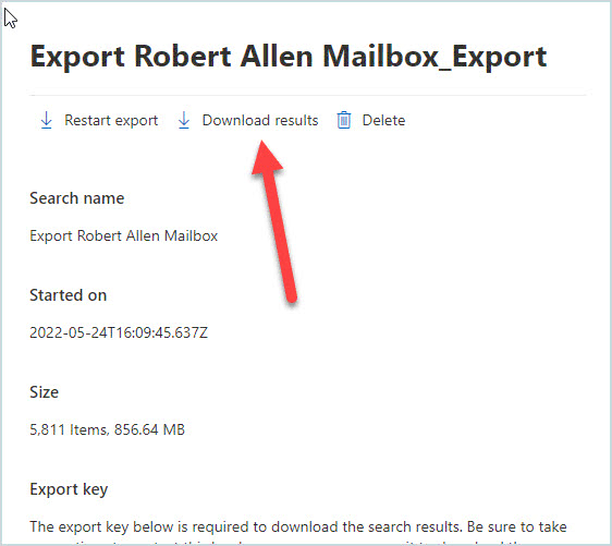Completed export with the Download results link