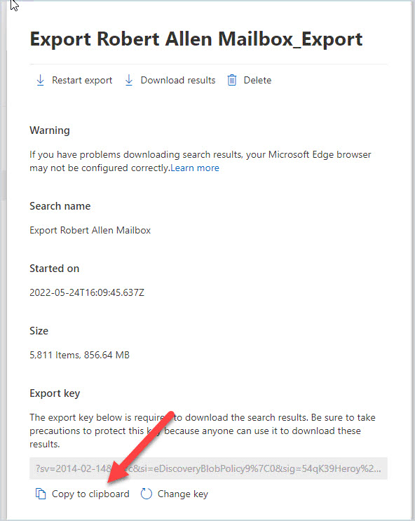 Export key shown on the export page ready to copy
