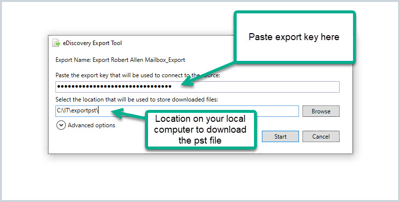 eDiscovery Export Tool with the export key and download location