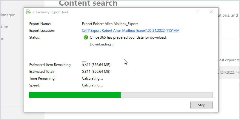 eDiscovery Export Tool downloading the PST file