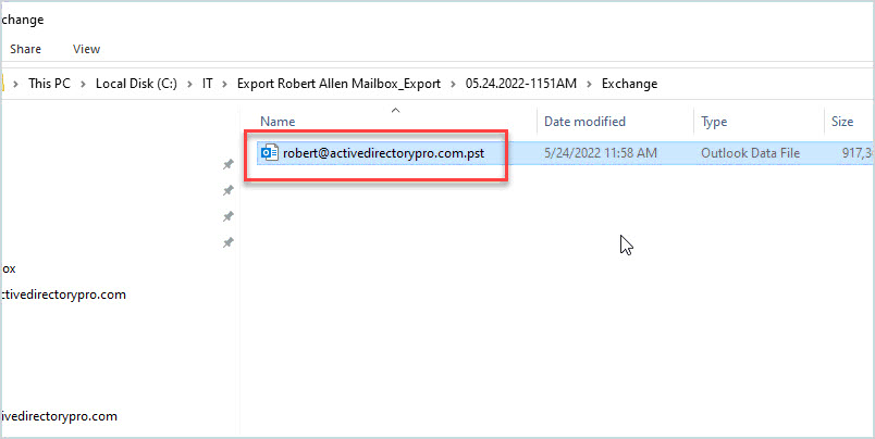 Download folder containing the exported PST file