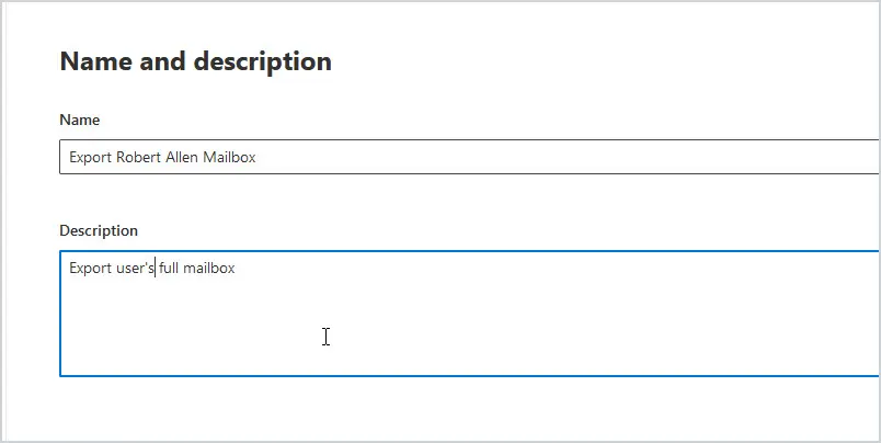 Name and description fields for the new content search