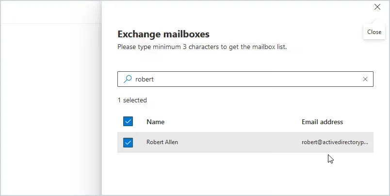 Mailbox picker used to select the mailbox to export