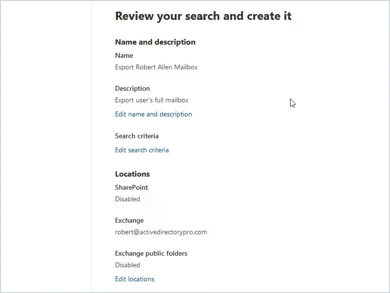 Review page for the content search settings before submitting