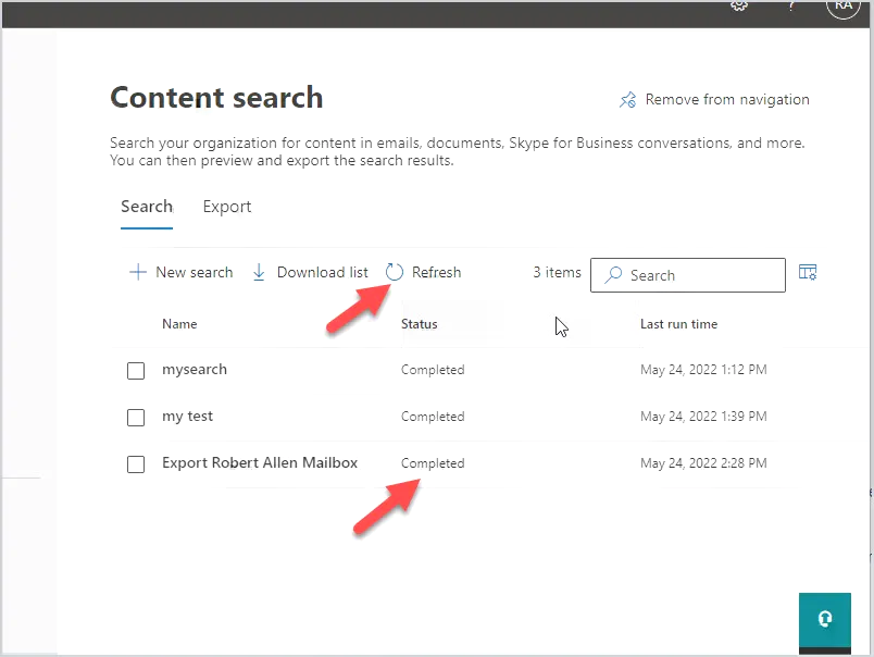 Content search status showing the search has completed
